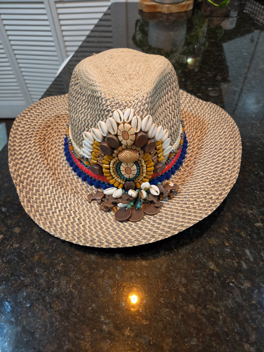 Boho Embellished Straw Fedora Hat with Shell & Bead Trim - Natural